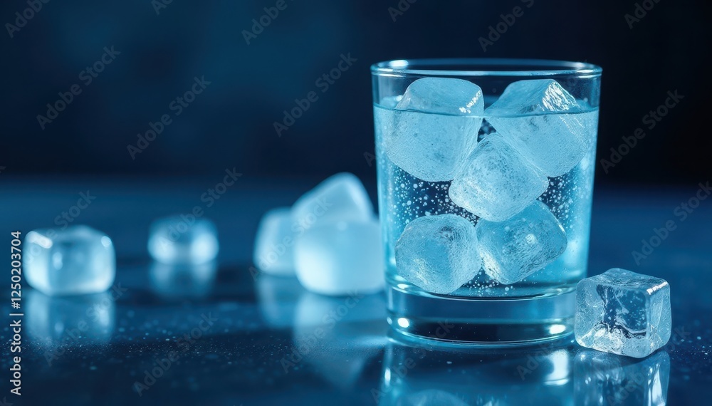 Close-up of an icy glass with water and floating ice cubes on a dark blue surface, ice, liquid, still life Close-up of an icy glass with water and floating ice cubes on a dark blue surface, ice, liquid, still life