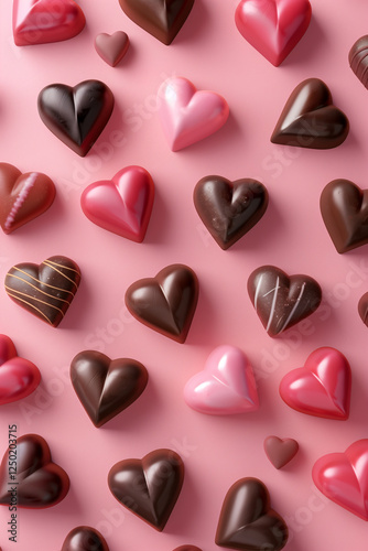 A delightful top view of heart-shaped chocolates in shades of brown and white, beautifully arranged on a soft pastel background, perfect for valentines day or sweet treats.