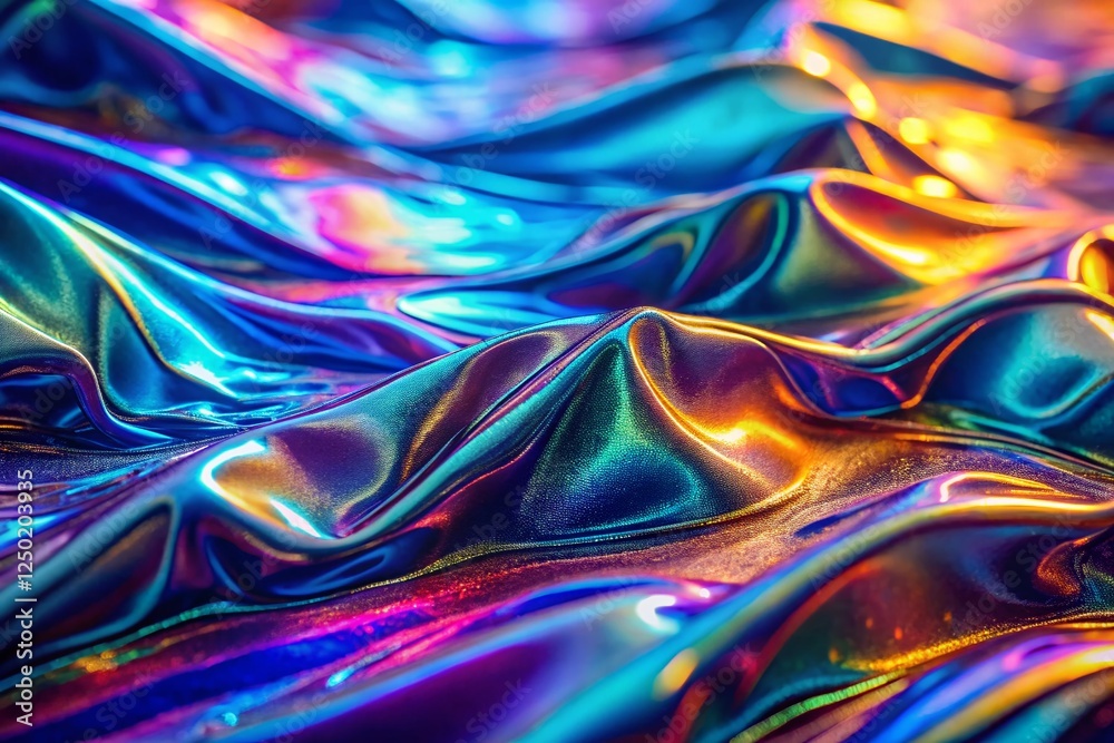 Obraz premium Iridescent Holographic Foil Wallpaper: Liquid Metal Texture with Ultraviolet Waves