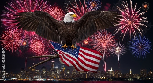 American eagle soars over city holding us flag proudly