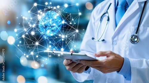 Doctor Using Tablet Displaying Digital Brain and Neural Network Connections