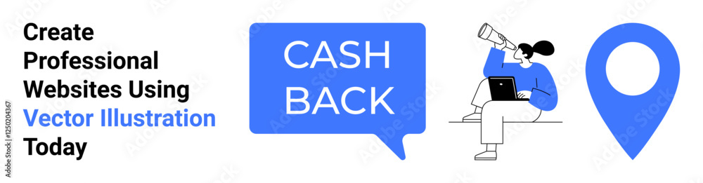 Woman using laptop with telescope, cash back in speech bubble, location pin. Ideal for e-commerce, navigation, rewards programs, online shopping, savings tips, customer loyalty flat landing page Woman using laptop with telescope, cash back in speech bubble, location pin. Ideal for e-commerce, navigation, rewards programs, online shopping, savings tips, customer loyalty flat landing page