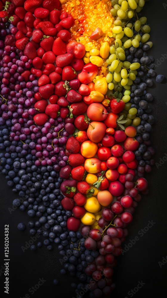 A vibrant display of assorted fruits arranged in a rainbow gradient, showcasing rich colors and textures A vibrant display of assorted fruits arranged in a rainbow gradient, showcasing rich colors and textures