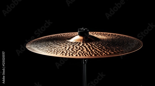Close-up of a bronze cymbal on a black background.