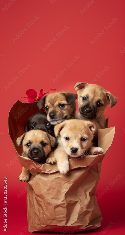 This charming image features a bouquet of cute puppies wrapped in brown paper, set against a vibrant red background. Perfect for showcasing the cuteness and charm of these lovable dogs.