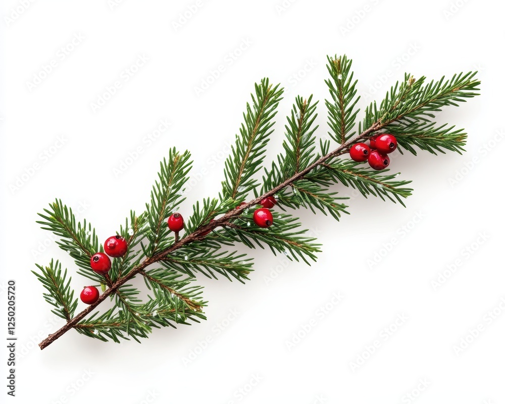 Fresh Green Fir Branch with Bright Red Berries on a White Background, Holiday Christmas Decoration, Top View. Fresh Green Fir Branch with Bright Red Berries on a White Background, Holiday Christmas Decoration, Top View.