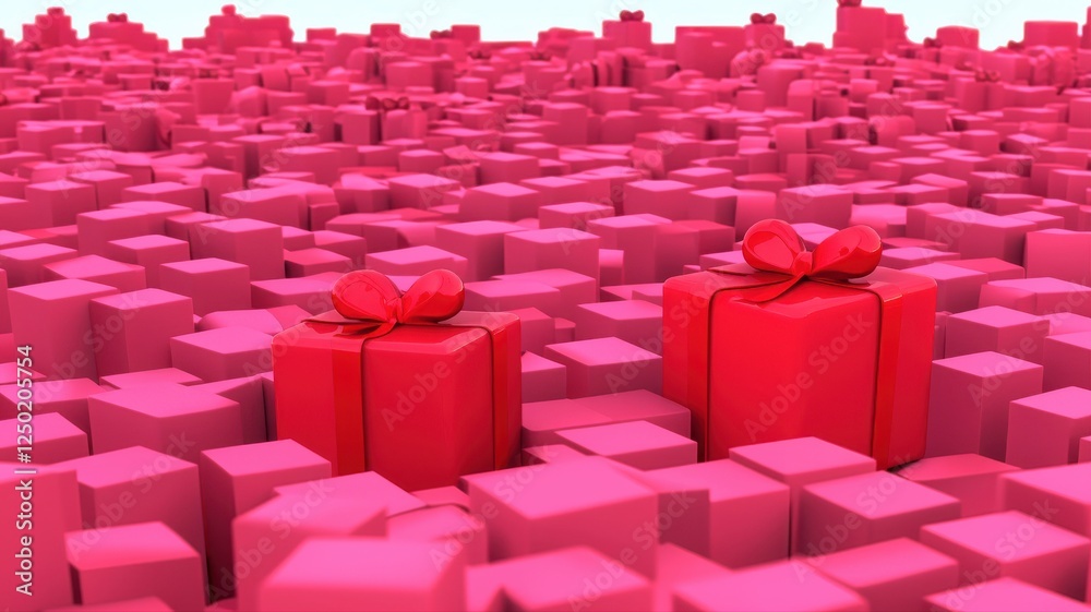 Obraz premium Vibrant Red Gift Boxes Amongst Pink Cubes for Celebration Themes
