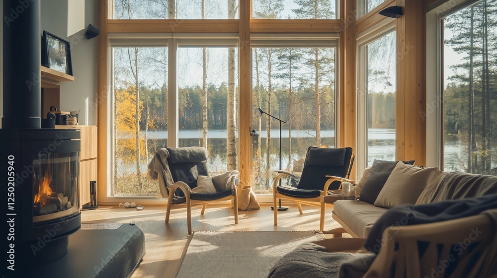 Fototapeta premium Cozy living room with fireplace and lake view.