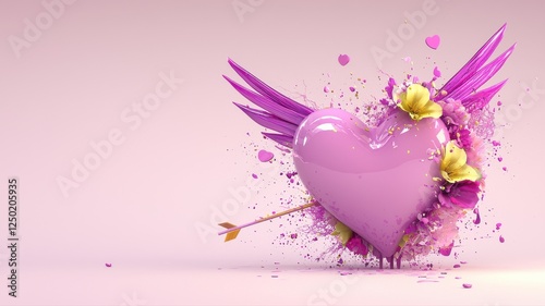 Vibrant Heart with Wings and Flowers on Soft Pastel Background