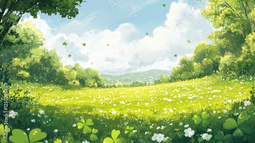Fototapeta Naklejka Na Ścianę i Meble -  Lush Green Meadow with White Wildflowers and Clover, Watercolor Style Illustration, Sunny Day.