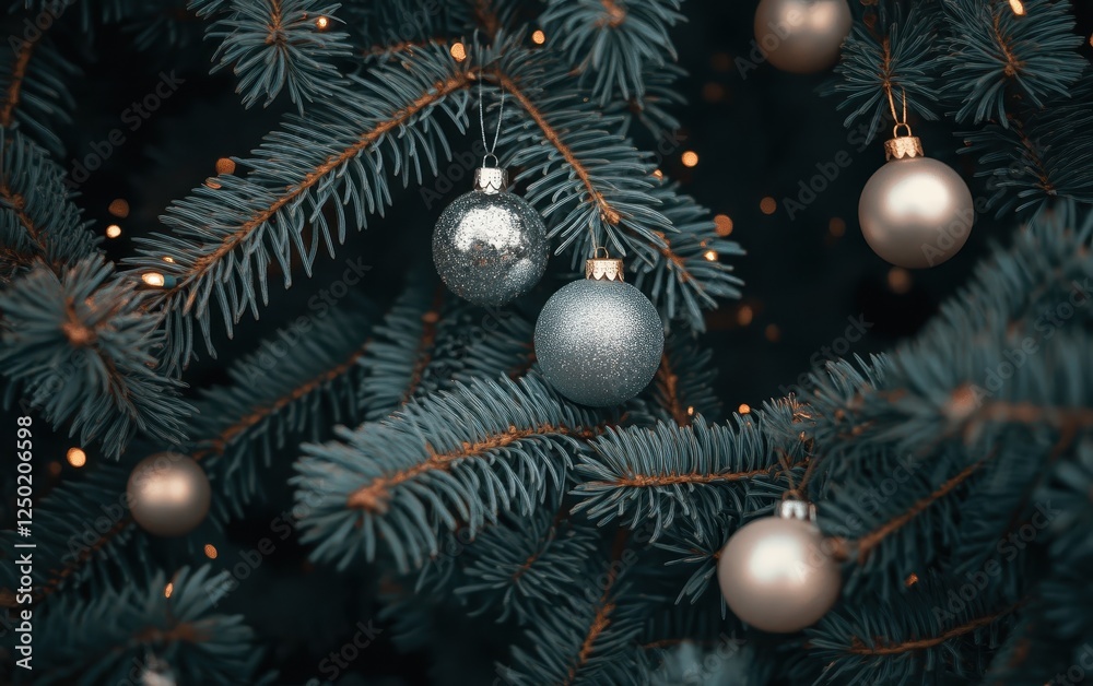 Elegant Christmas Tree Close-Up with Silver and Gold Ornaments and Twinkling Lights Elegant Christmas Tree Close-Up with Silver and Gold Ornaments and Twinkling Lights