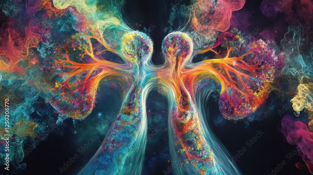 Abstract representation of interconnected human forms with vibrant colors and fluid patterns. Abstract representation of interconnected human forms with vibrant colors and fluid patterns.