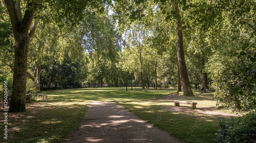 Serene Sunlight Through Trees in a Green Urban Park Serene Sunlight Through Trees in a Green Urban Park