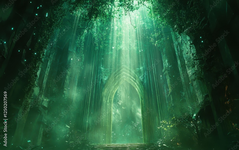 Obraz premium Mystical Emerald Portal Ancient Stone Archway in Enchanted Forest with Glowing Lights and Sunbeams