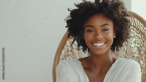 Smiling African American woman with curly hair looking happy