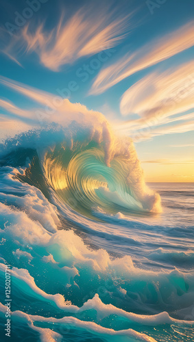 Fototapeta Naklejka Na Ścianę i Meble -  A serene and vibrant outdoor scene depicting a powerful sea wave crashing against the shore at the moment of sunset