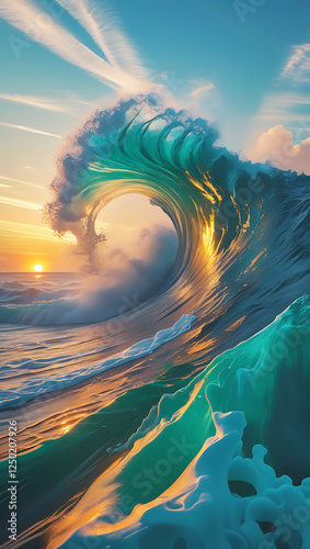 A serene and vibrant outdoor scene depicting a powerful sea wave crashing against the shore at the moment of sunset photo