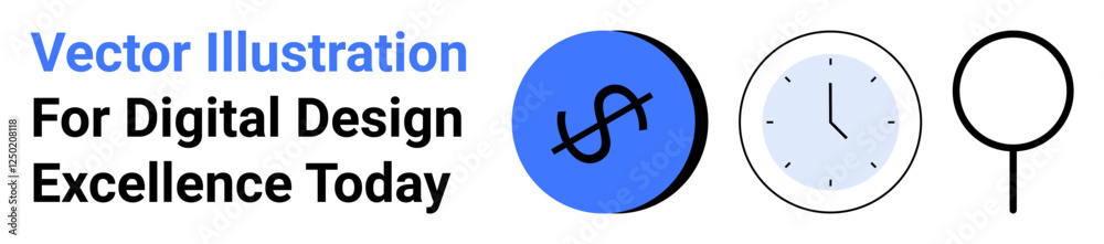 Dollar sign in blue circle, clock symbolizing time management, magnifying glass for search. Ideal for finance, productivity, efficiency, analysis, digital marketing, time tracking flat landing page Dollar sign in blue circle, clock symbolizing time management, magnifying glass for search. Ideal for finance, productivity, efficiency, analysis, digital marketing, time tracking flat landing page