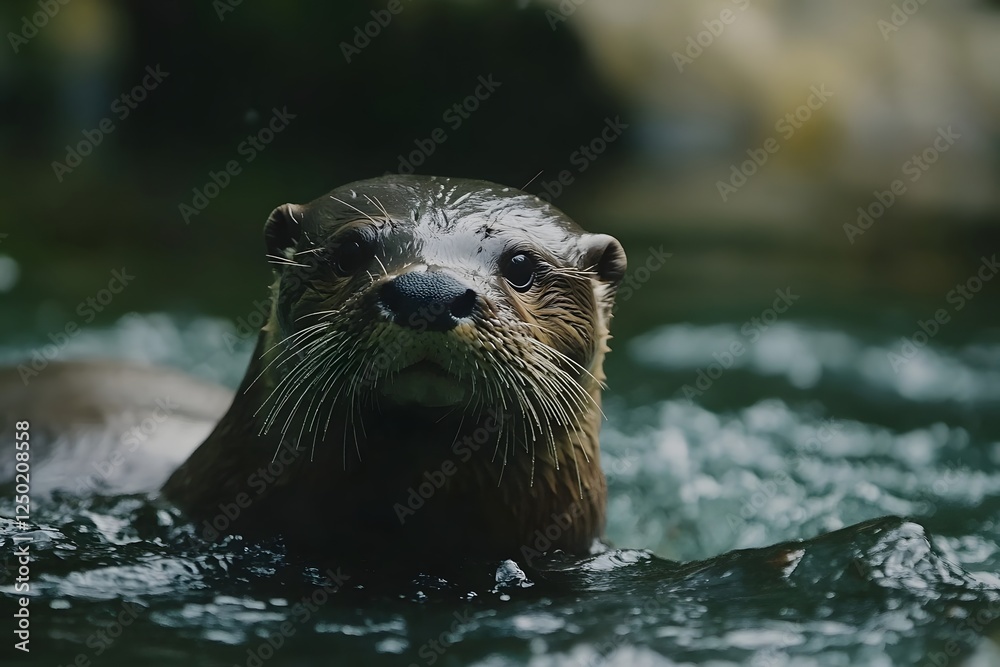 A cute otter in the water, showcasing their fur and whiskers in a wild nature setting A cute otter in the water, showcasing their fur and whiskers in a wild nature setting