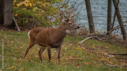 White Tailed deer fawn stands near flowers in a garden