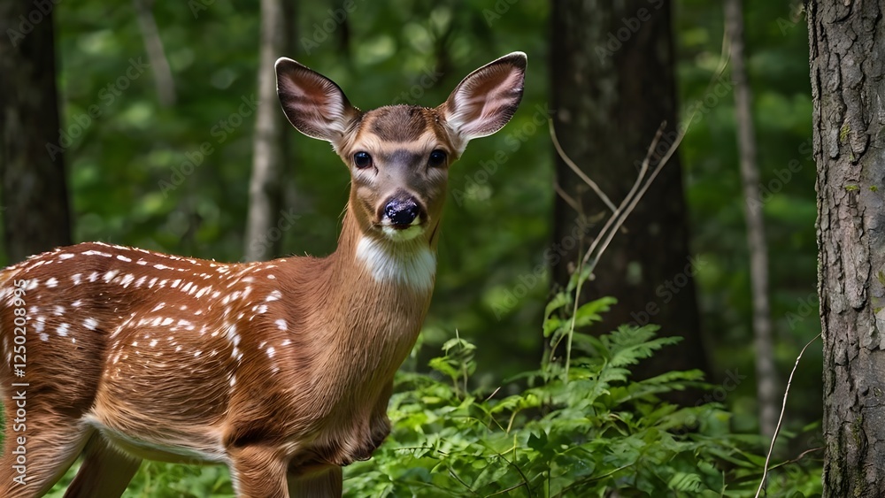 White Tailed deer fawn stands near flowers in a garden White Tailed deer fawn stands near flowers in a garden