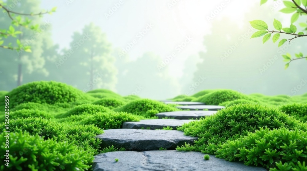 Naklejka premium Serene Stone Path Through Lush Green Mossy Landscape
