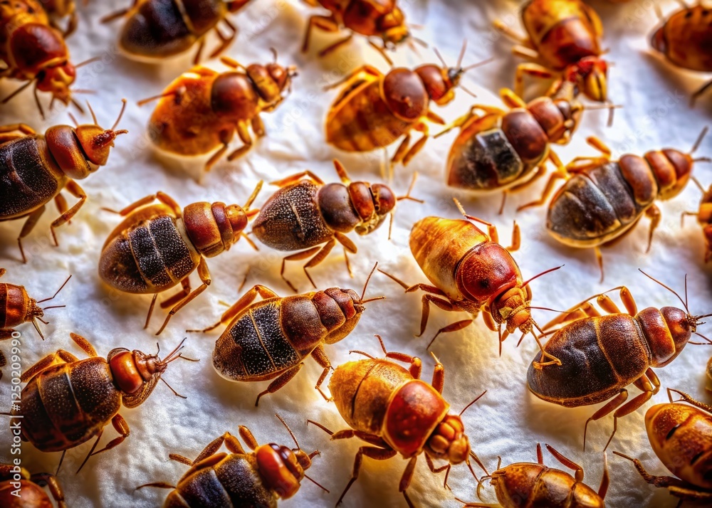 Long Exposure Photo of Bed Bug Colony Infestation on White Sheet, Top View Long Exposure Photo of Bed Bug Colony Infestation on White Sheet, Top View