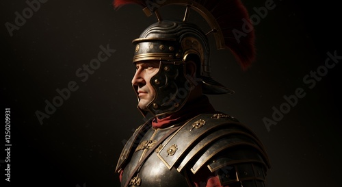 Roman soldier stands wearing armor helmet and a red plume
