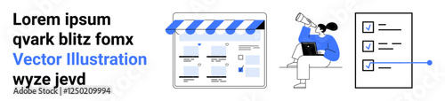 E-commerce storefront with search bar and tabs, person using a telescope while seated, checklist with marked items. Ideal for business strategies, market research, planning, online stores, goal