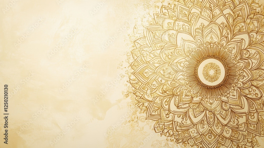 Ornate Golden Mandala Design on Cream Background with Copy Space Ornate Golden Mandala Design on Cream Background with Copy Space