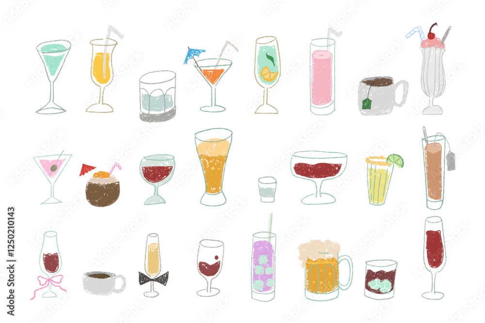 Crayon, pencil texture silhouette colorful line of drinks. Doodle cartoon sketch style. Cocktail, alcohol, wine, coffee, tea, milkshake and more with childish drawing Crayon, pencil texture silhouette colorful line of drinks. Doodle cartoon sketch style. Cocktail, alcohol, wine, coffee, tea, milkshake and more with childish drawing