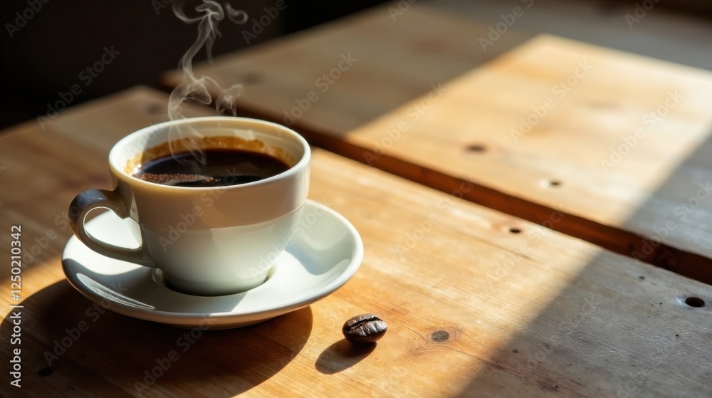 Aromatic Steam Rising From a Cup of Coffee on a Sunny Wooden Table Aromatic Steam Rising From a Cup of Coffee on a Sunny Wooden Table