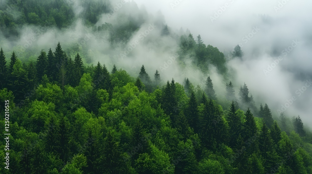 Lush Green Forest Surrounded by Misty Fog in a Serene Landscape, Capturing the Tranquility of Nature in a Peaceful Environment During a Cloudy Day Lush Green Forest Surrounded by Misty Fog in a Serene Landscape, Capturing the Tranquility of Nature in a Peaceful Environment During a Cloudy Day