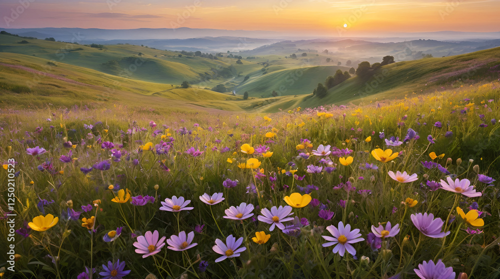 Fototapeta premium A colorful wildflower meadow with purple, pink, and yellow blooms, rolling green hills, and a warm sunrise creating a serene scene Generative AI