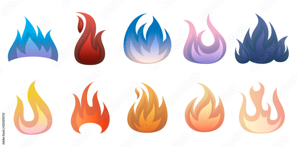 Various Flame Designs On White Background, Collection Of Decorative Fire Element Vector Illustration. Various Flame Designs On White Background, Collection Of Decorative Fire Element Vector Illustration.