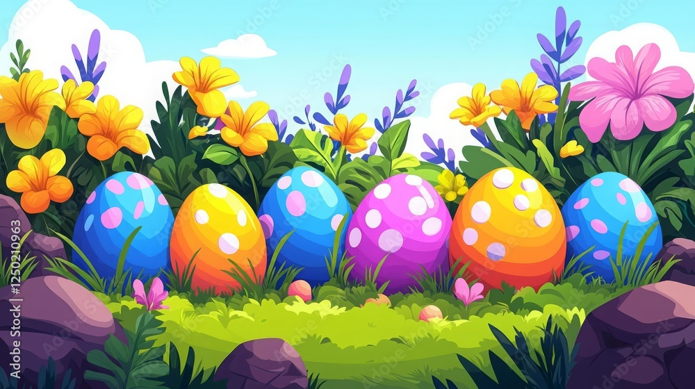 Fototapeta premium Easter Sunday Celebration Decorations Family Pastel Colors Egg Hunt Festival Colorful Easter eggs in a vibrant garden.