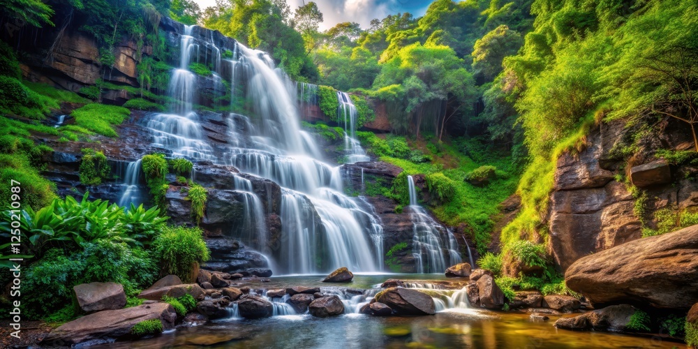 waterfall cascading down rocky slope amidst dense foliage and vibrant greenery