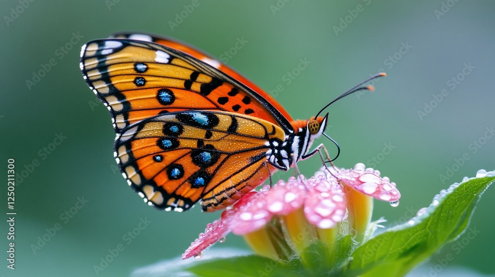 Orange butterfly on a pink flower with dew drops. Orange butterfly on a pink flower with dew drops.