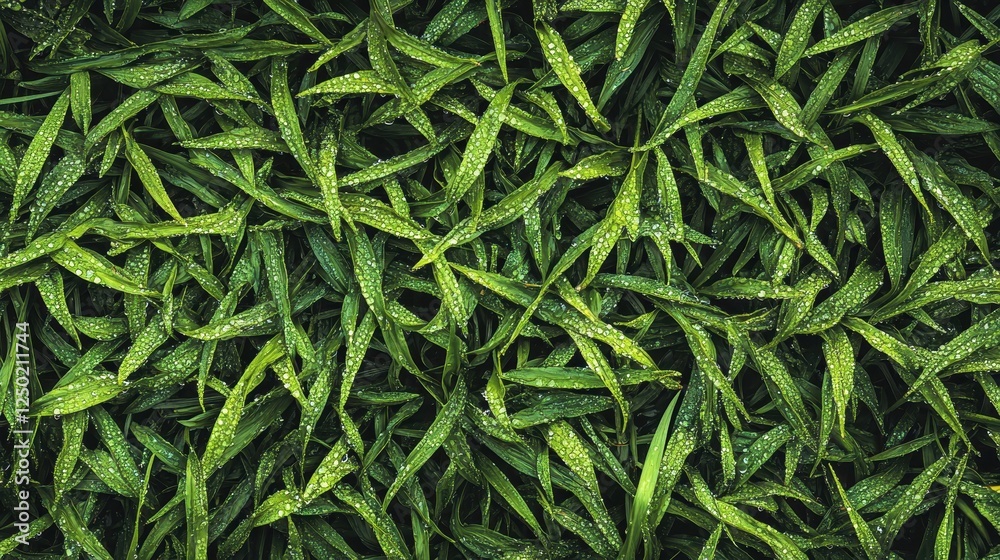 Lush Green Leaves Covered in Sparkling Water Droplets, Close-Up Botanical Texture Lush Green Leaves Covered in Sparkling Water Droplets, Close-Up Botanical Texture