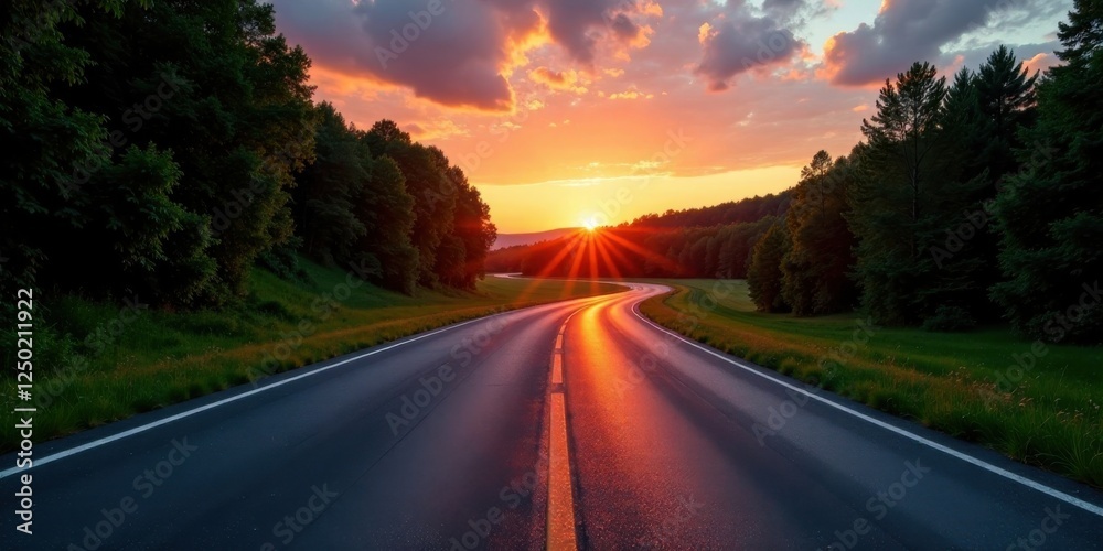 Serene Sunset Road Trip Winding Asphalt Path Through Lush Green Forest Serene Sunset Road Trip Winding Asphalt Path Through Lush Green Forest