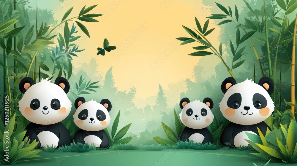 Fototapeta premium Two playful pandas and their cub in a serene bamboo forest with a soft yellow background