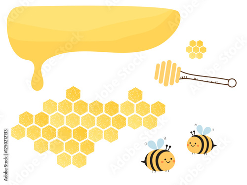 Bee honey sign with bee cartoons, honey stick and drop isolated on white background vector.