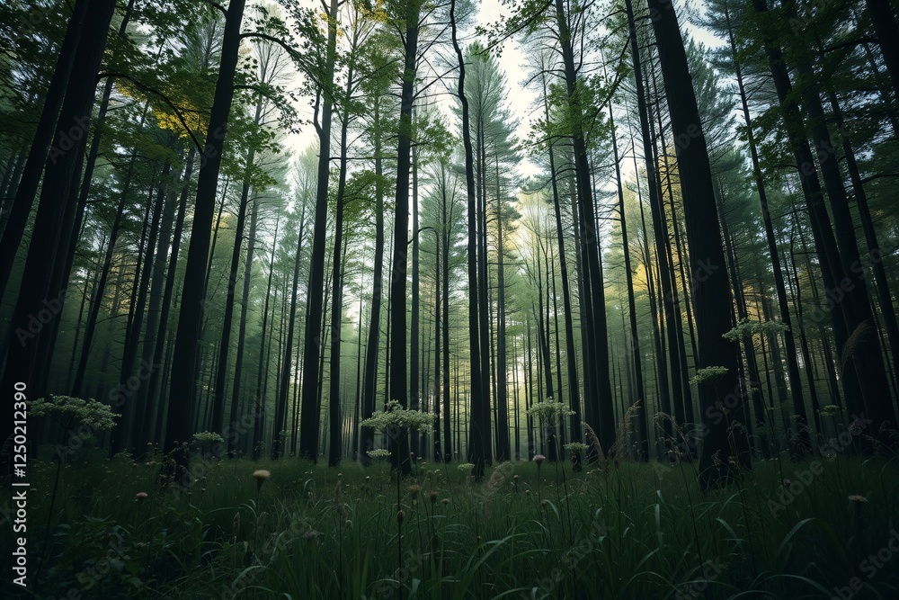 Calm forest scenery featuring tall trees, green foliage, and sunlight filtering through a serene atmosphere. Evokes feelings of peace, connection to nature, and harmonious balance. Calm forest scenery featuring tall trees, green foliage, and sunlight filtering through a serene atmosphere. Evokes feelings of peace, connection to nature, and harmonious balance.