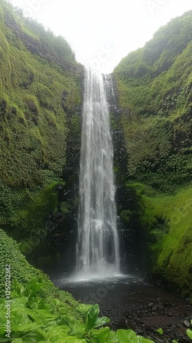 Majestic Waterfall Cascading Through Lush Green Cliffs and Foliage