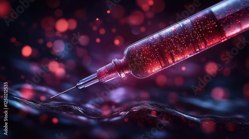 Close-up view of a syringe filled with red liquid against a blurred, colorful background