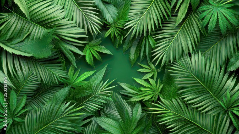 Lush green palm leaves creating a vibrant, natural background. Lush green palm leaves creating a vibrant, natural background.