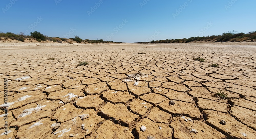 Fototapeta premium Cracked earth under a clear blue sky in drought conditions