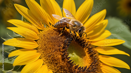 A honeybee gathers pollen on a vibrant sunflower with bright yellow petals and a textured brown center, blurred green backdrop Generative AI photo