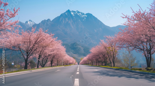 A road leading into the distance, with mountains in the background and cherry blossom trees on both sides. It was taken during daylight. The image features a clear sky above photo