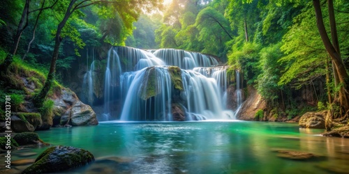 waterfall in dense forest, secluded haven, water flow,  secluded haven, water flow
